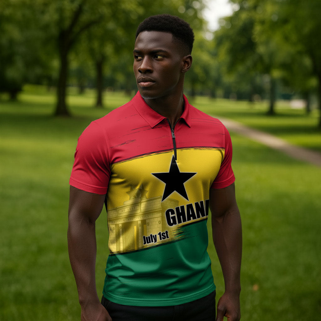 Ghana Republic Day Zipper Polo Shirt Ghanaian Pride Flag Colors With Coat Of Arms And Black Star