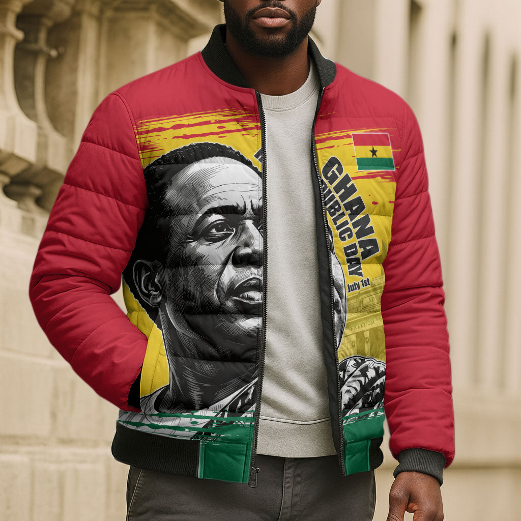 Personalized Ghana Republic Day Bomber Puffer Jacket Kwame Nkrumah Vintage Portrait Art - July 1st Theme
