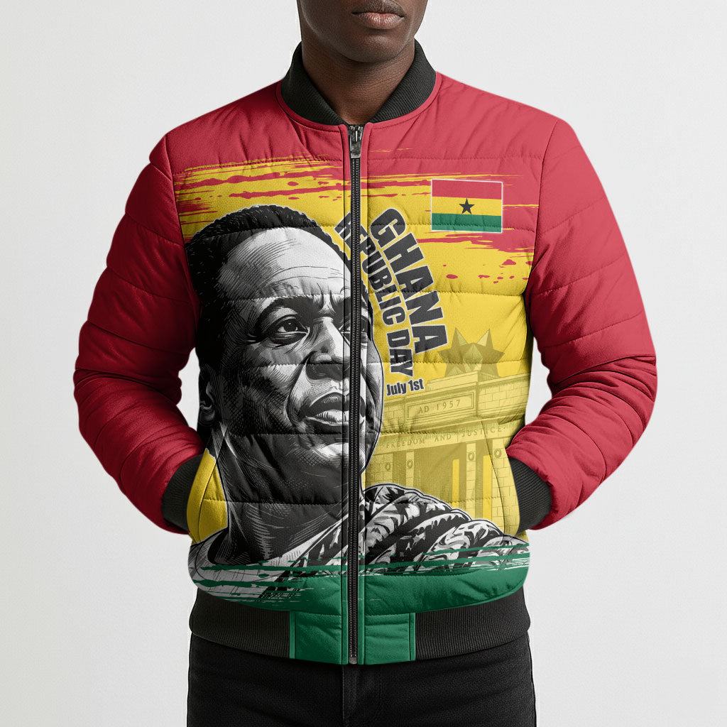 Personalized Ghana Republic Day Bomber Puffer Jacket Kwame Nkrumah Vintage Portrait Art - July 1st Theme