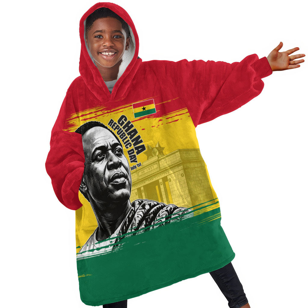 Personalized Ghana Republic Day Kid Wearable Blanket Hoodie Kwame Nkrumah Vintage Portrait Art - July 1st Theme