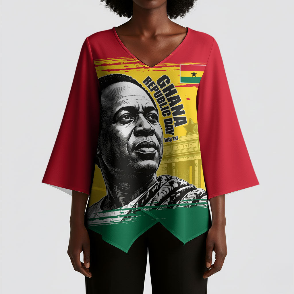Personalized Ghana Republic Day Kimono Sleeve Blouse Kwame Nkrumah Vintage Portrait Art - July 1st Theme
