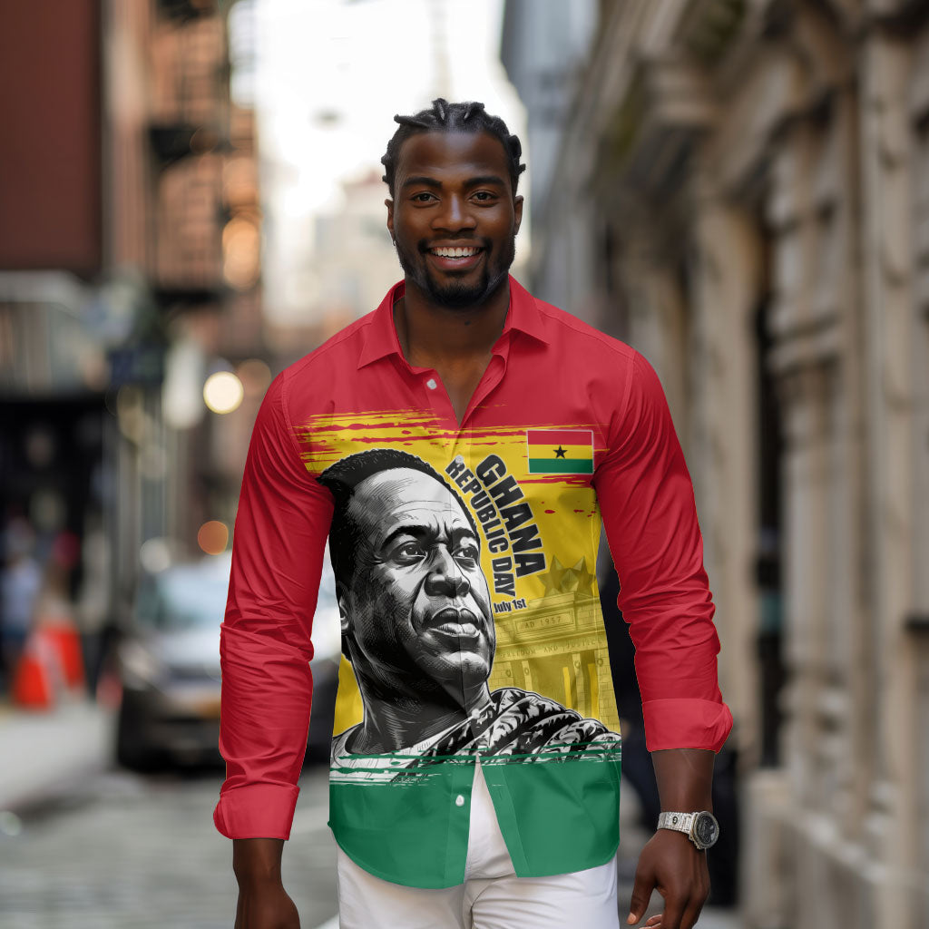 Personalized Ghana Republic Day Long Sleeve Button Shirt Kwame Nkrumah Vintage Portrait Art - July 1st Theme