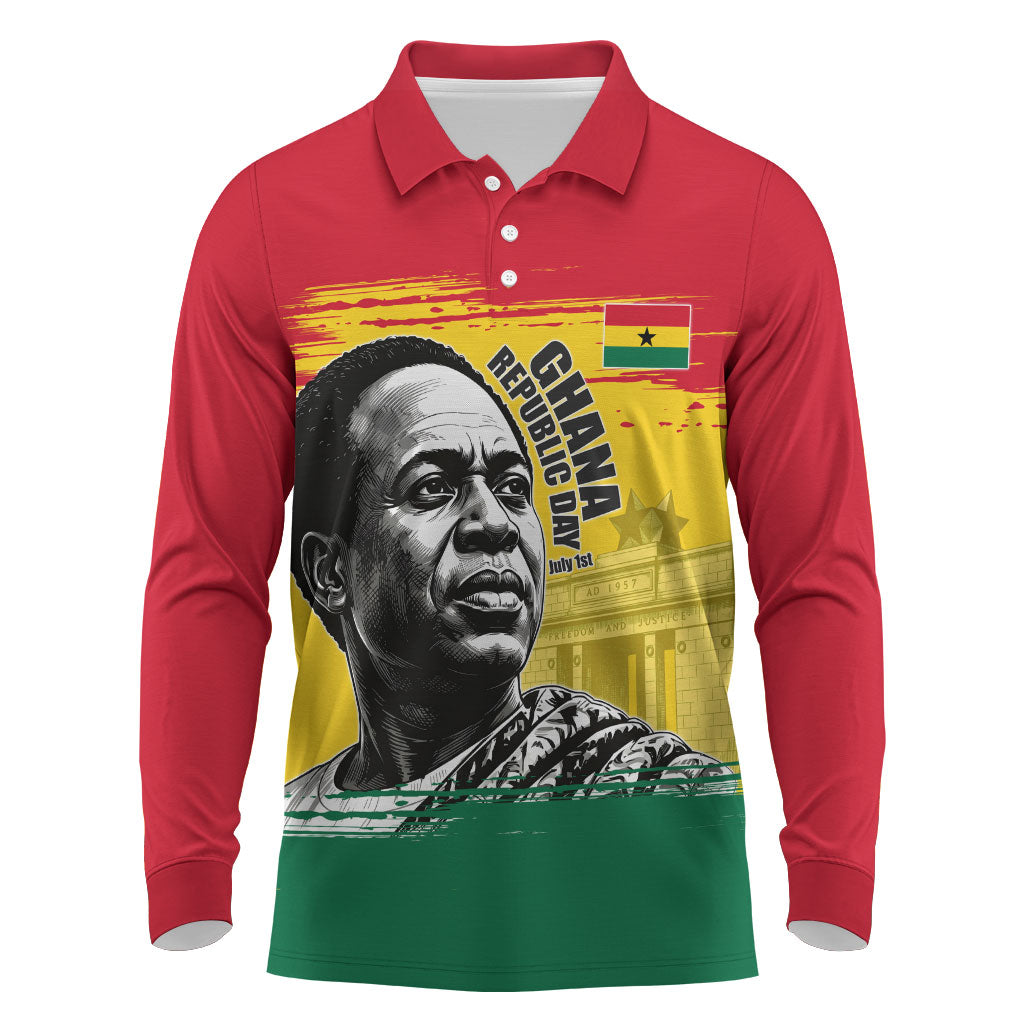 Personalized Ghana Republic Day Long Sleeve Polo Shirt Kwame Nkrumah Vintage Portrait Art - July 1st Theme