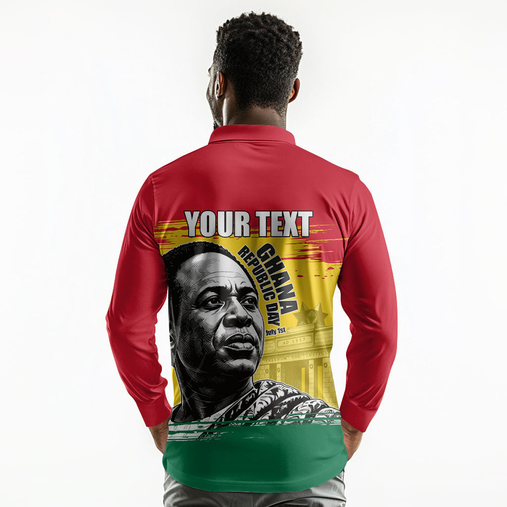 Personalized Ghana Republic Day Long Sleeve Polo Shirt Kwame Nkrumah Vintage Portrait Art - July 1st Theme