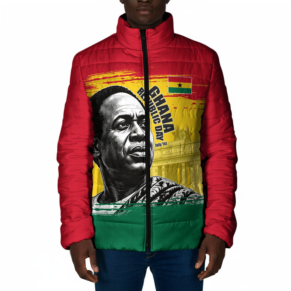 Personalized Ghana Republic Day Padded Jacket Kwame Nkrumah Vintage Portrait Art - July 1st Theme