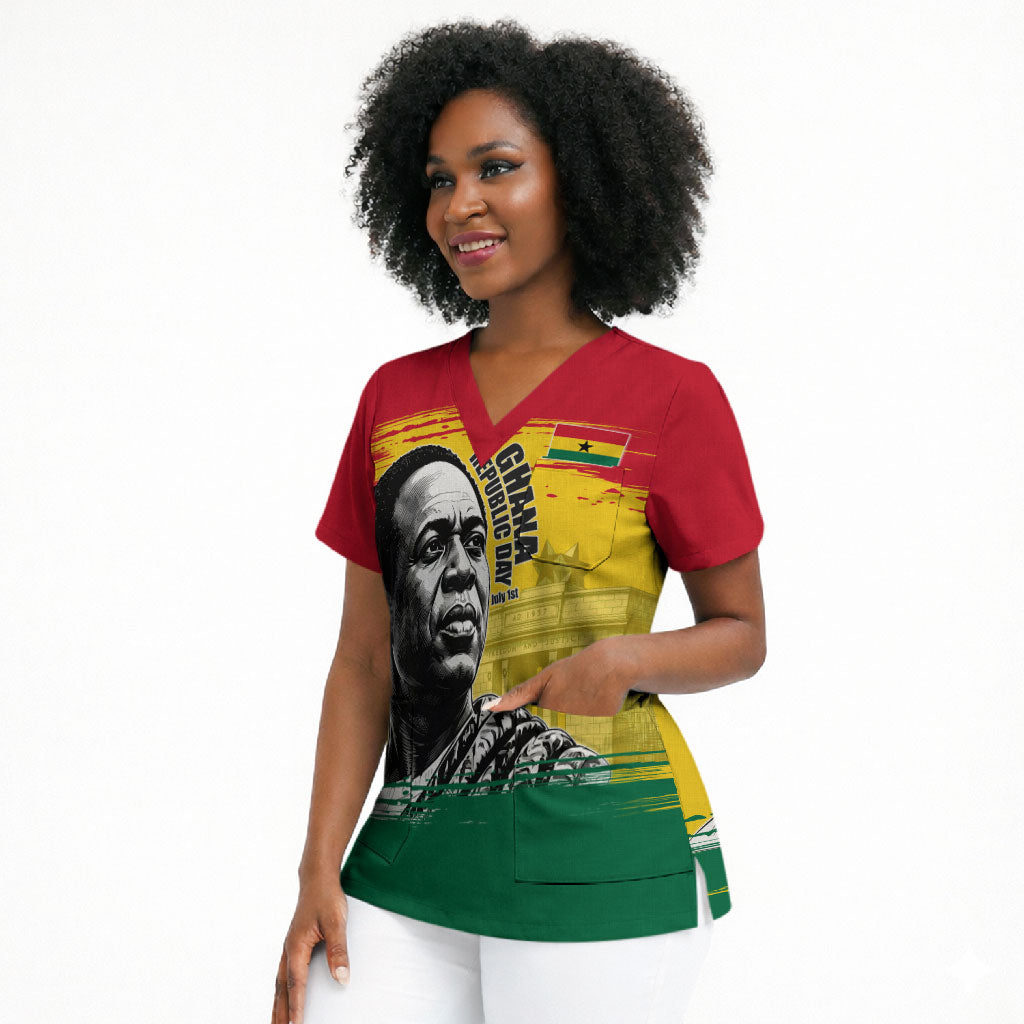 Personalized Ghana Republic Day Scrub Top Kwame Nkrumah Vintage Portrait Art - July 1st Theme