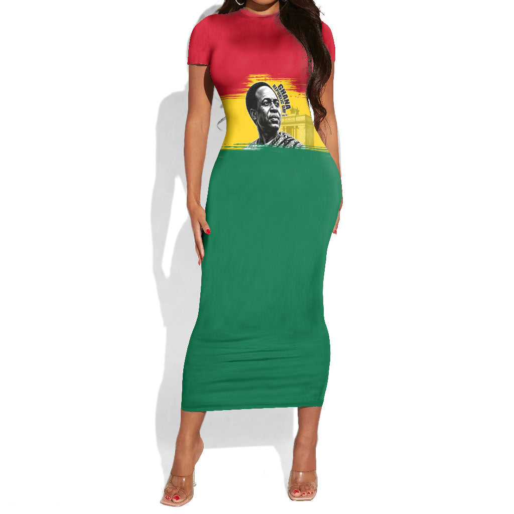 Personalized Ghana Republic Day Short Sleeve Bodycon Dress Kwame Nkrumah Vintage Portrait Art - July 1st Theme