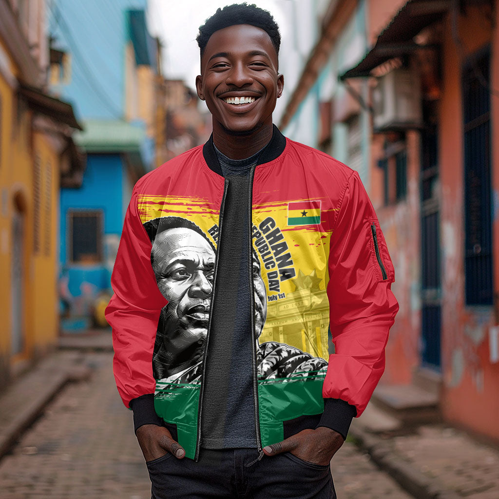 Personalized Ghana Republic Day Sleeve Zip Bomber Jacket Kwame Nkrumah Vintage Portrait Art - July 1st Theme