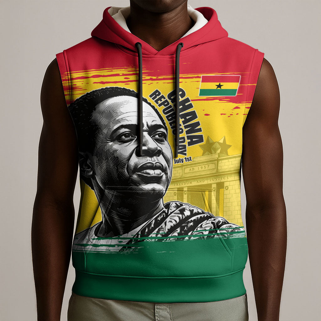 Personalized Ghana Republic Day Sleeveless Hoodie Kwame Nkrumah Vintage Portrait Art - July 1st Theme