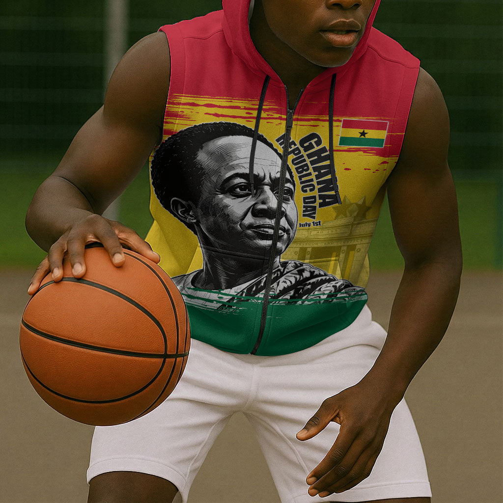 Personalized Ghana Republic Day Sleeveless Zip Hoodie Kwame Nkrumah Vintage Portrait Art - July 1st Theme