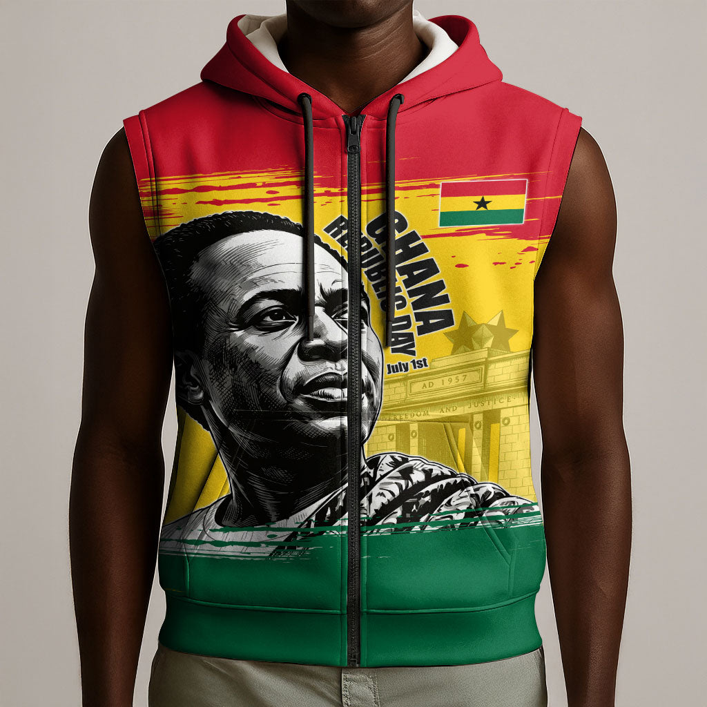 Personalized Ghana Republic Day Sleeveless Zip Hoodie Kwame Nkrumah Vintage Portrait Art - July 1st Theme