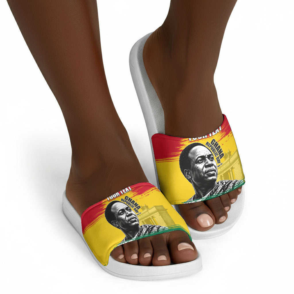 Personalized Ghana Republic Day Slide Sandals Kwame Nkrumah Vintage Portrait Art - July 1st Theme