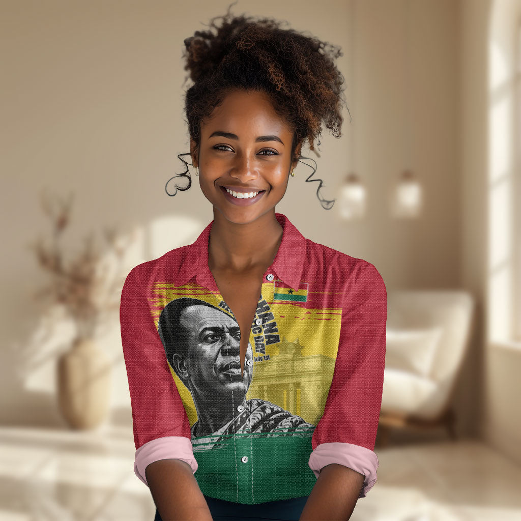 Personalized Ghana Republic Day Women Casual Shirt Kwame Nkrumah Vintage Portrait Art - July 1st Theme