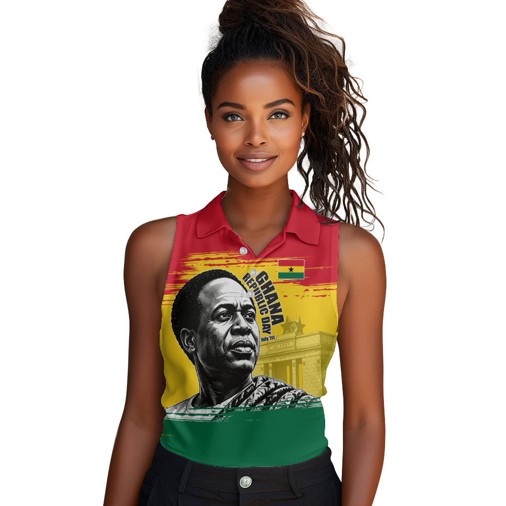 Personalized Ghana Republic Day Women Sleeveless Polo Shirt Kwame Nkrumah Vintage Portrait Art - July 1st Theme