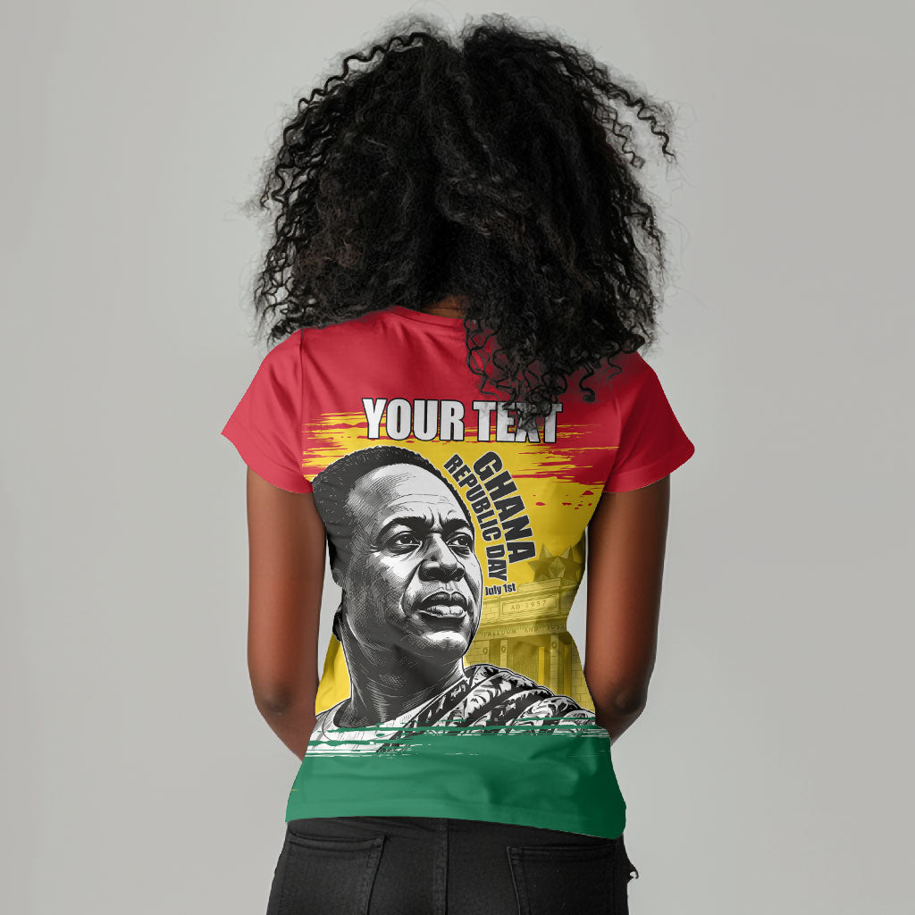 Personalized Ghana Republic Day Women V-Neck T-Shirt Kwame Nkrumah Vintage Portrait Art - July 1st Theme