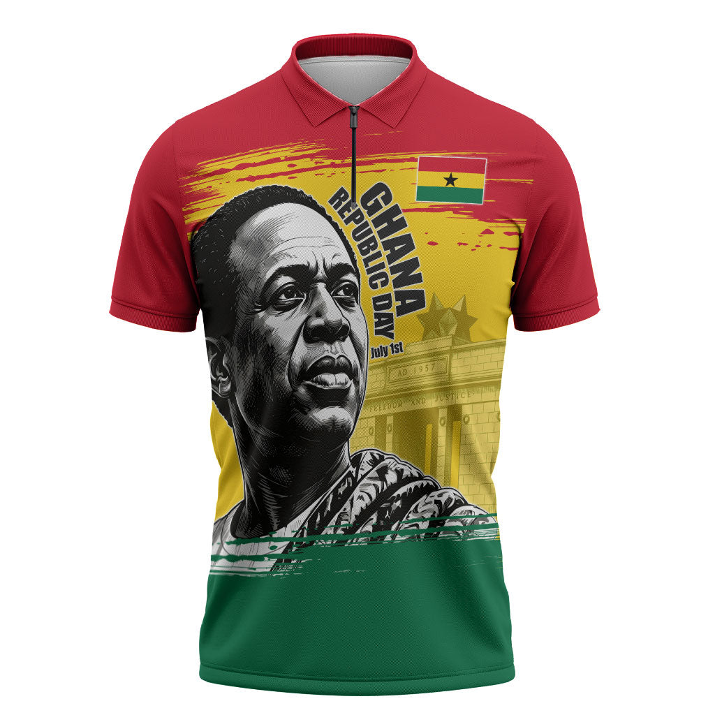 Personalized Ghana Republic Day Zipper Polo Shirt Kwame Nkrumah Vintage Portrait Art - July 1st Theme