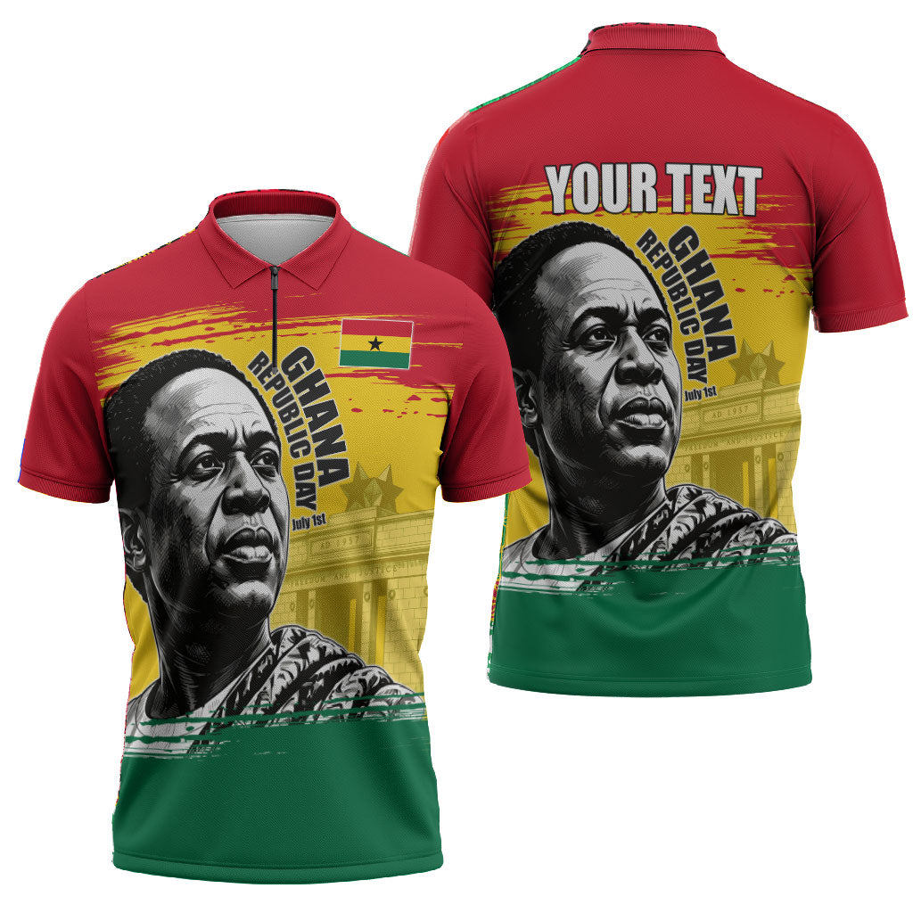 Personalized Ghana Republic Day Zipper Polo Shirt Kwame Nkrumah Vintage Portrait Art - July 1st Theme