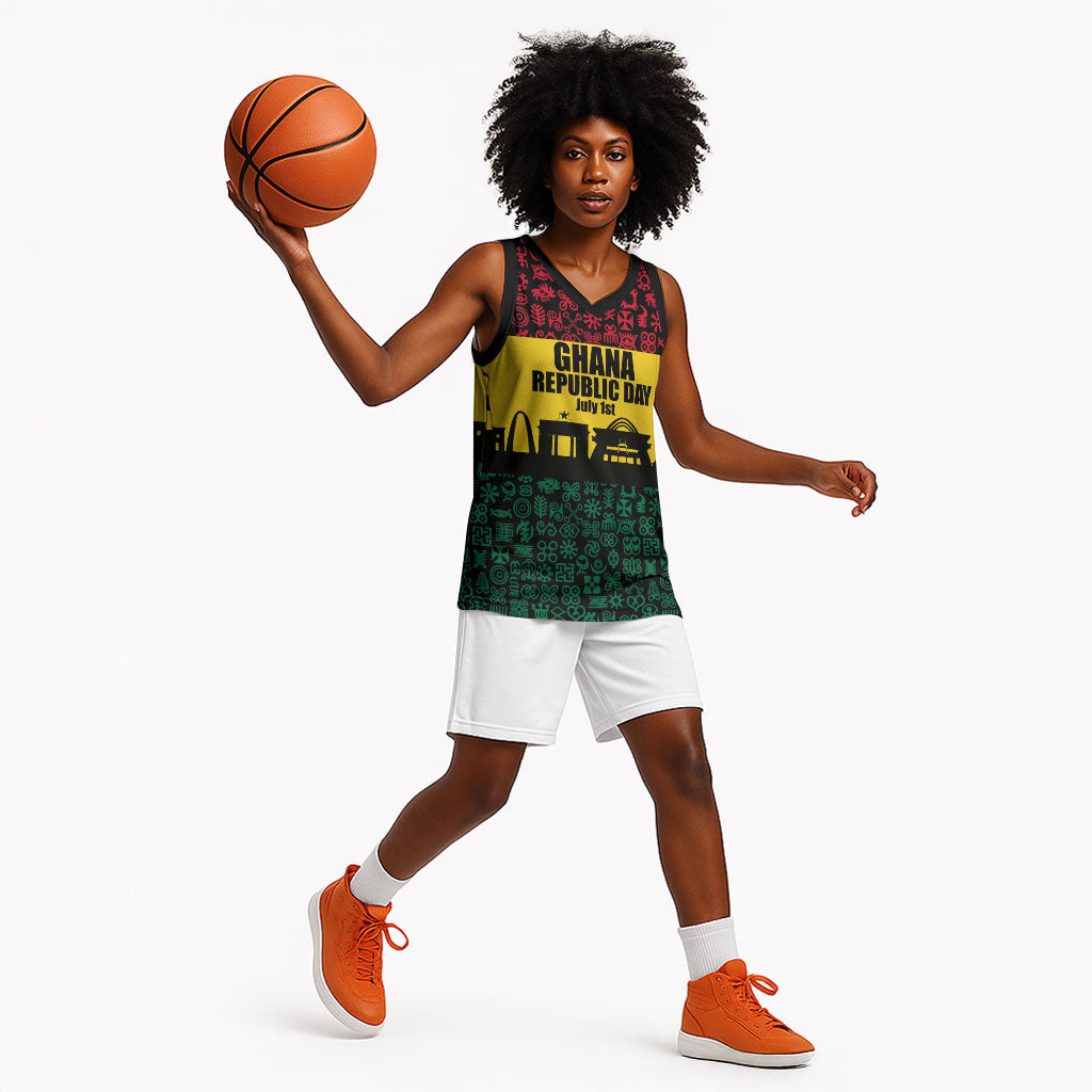 Personalized Ghana Republic Day Basketball Jersey Adinkra Pattern Heritage Silhouette African Culture Art