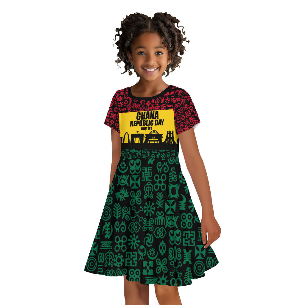 Personalized Ghana Republic Day Kid Short Sleeve Dress Adinkra Pattern Heritage Silhouette African Culture Art