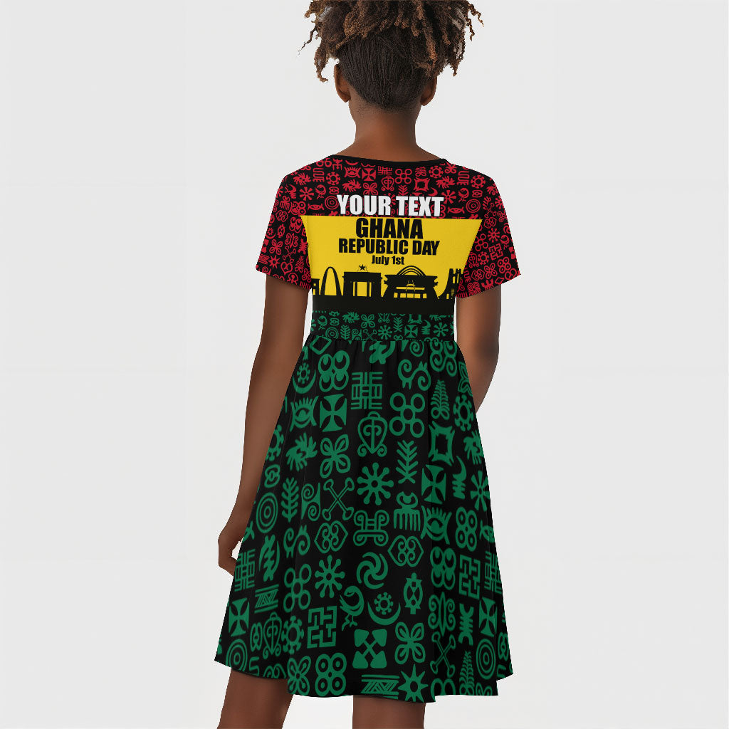 Personalized Ghana Republic Day Kid Short Sleeve Dress Adinkra Pattern Heritage Silhouette African Culture Art