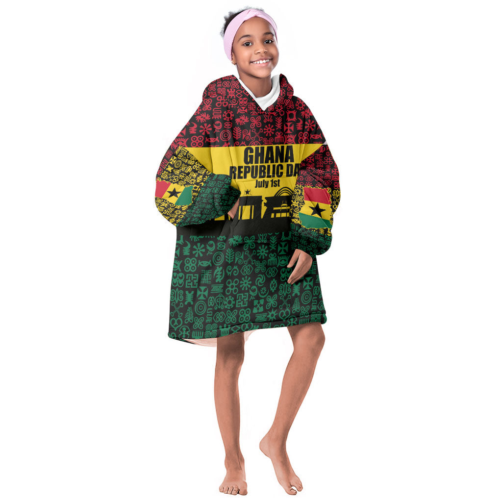 Personalized Ghana Republic Day Kid Wearable Blanket Hoodie Adinkra Pattern Heritage Silhouette African Culture Art