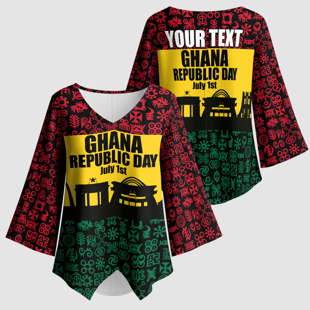 Personalized Ghana Republic Day Kimono Sleeve Blouse Adinkra Pattern Heritage Silhouette African Culture Art