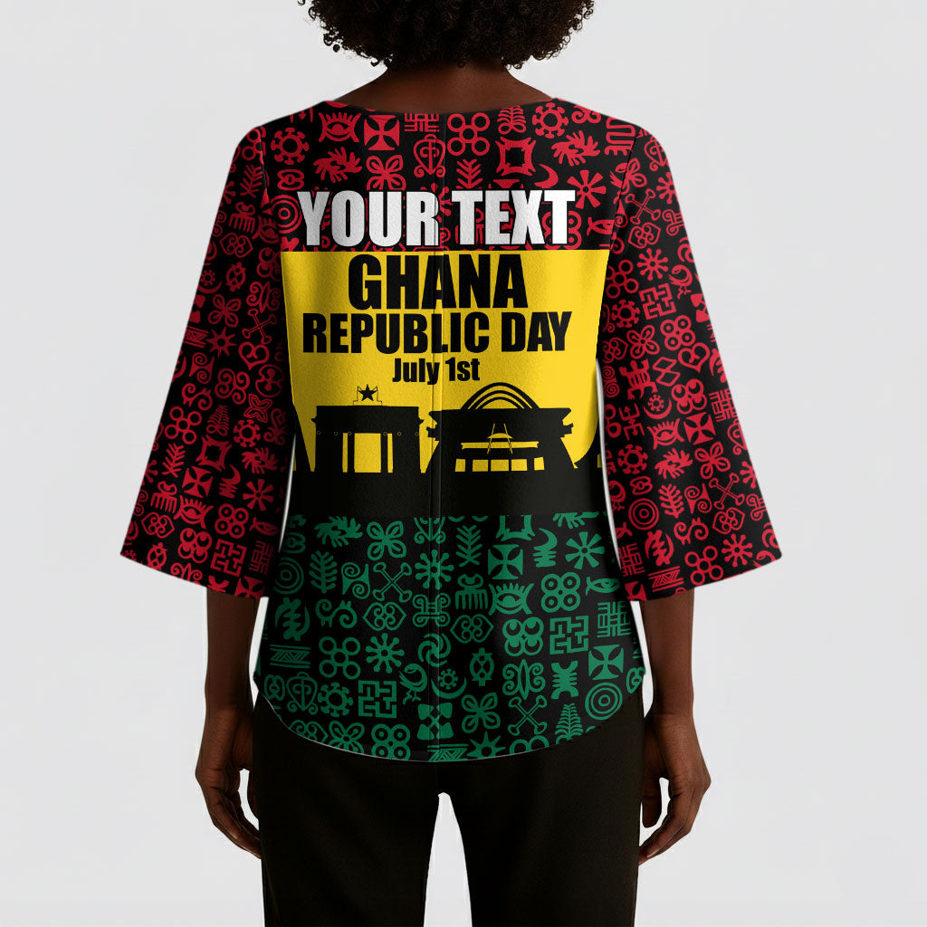 Personalized Ghana Republic Day Kimono Sleeve Blouse Adinkra Pattern Heritage Silhouette African Culture Art