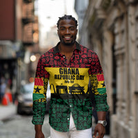 Personalized Ghana Republic Day Long Sleeve Button Shirt Adinkra Pattern Heritage Silhouette African Culture Art
