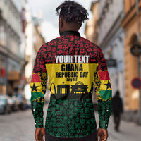 Personalized Ghana Republic Day Long Sleeve Button Shirt Adinkra Pattern Heritage Silhouette African Culture Art