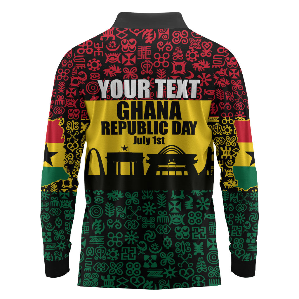 Personalized Ghana Republic Day Long Sleeve Polo Shirt Adinkra Pattern Heritage Silhouette African Culture Art
