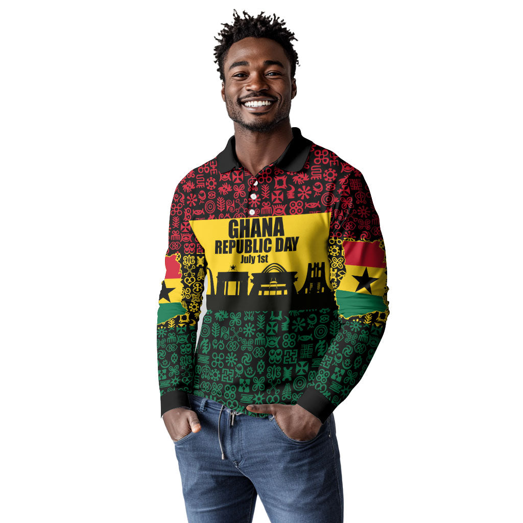 Personalized Ghana Republic Day Long Sleeve Polo Shirt Adinkra Pattern Heritage Silhouette African Culture Art