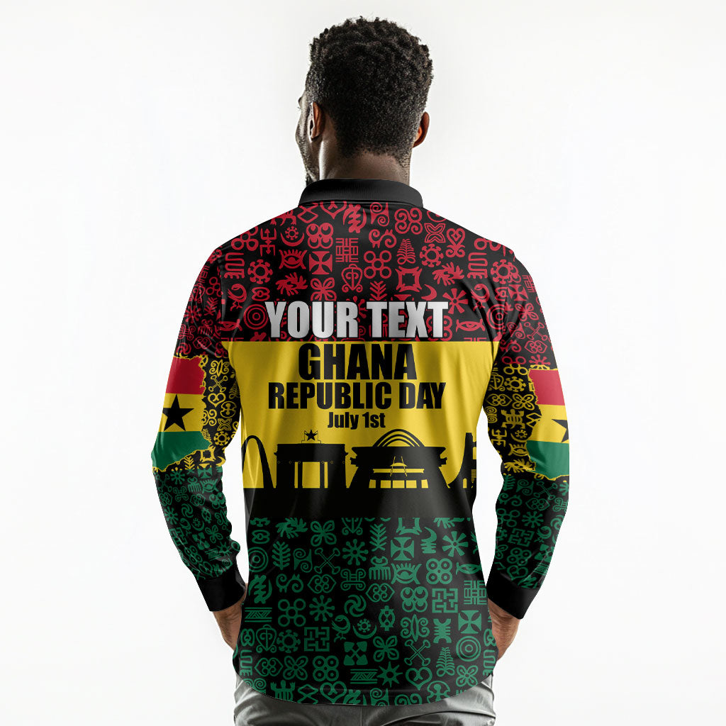 Personalized Ghana Republic Day Long Sleeve Polo Shirt Adinkra Pattern Heritage Silhouette African Culture Art