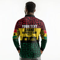 Personalized Ghana Republic Day Long Sleeve Polo Shirt Adinkra Pattern Heritage Silhouette African Culture Art