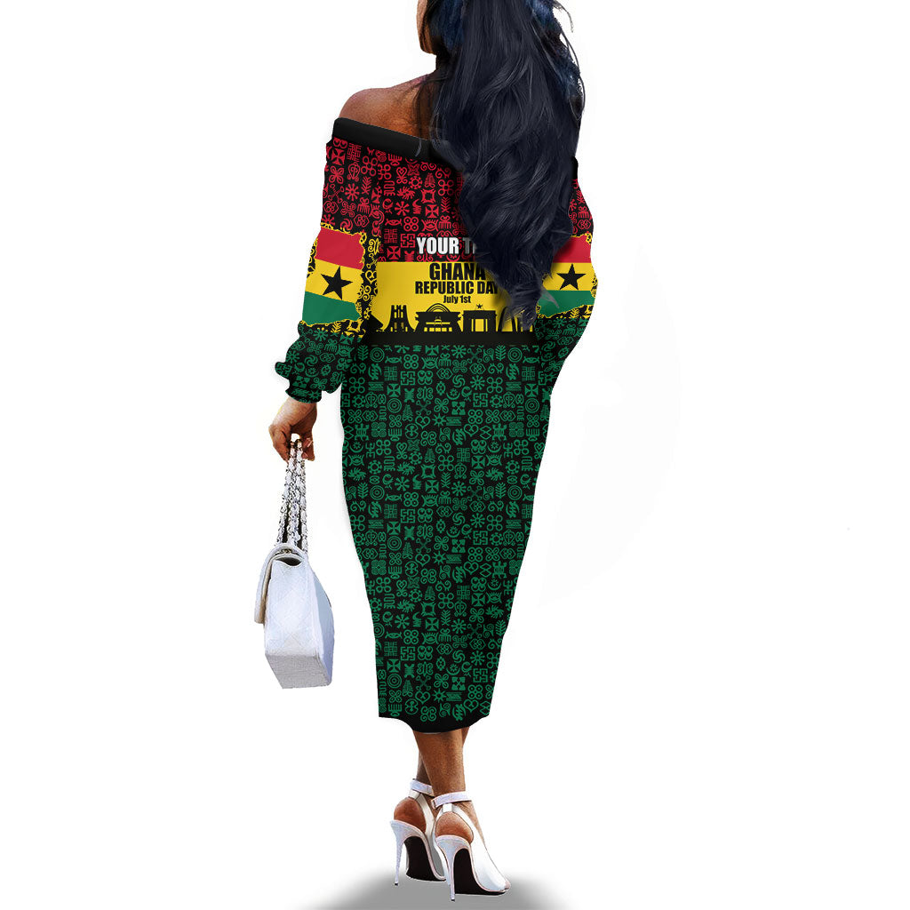 Personalized Ghana Republic Day Off The Shoulder Long Sleeve Dress Adinkra Pattern Heritage Silhouette African Culture Art