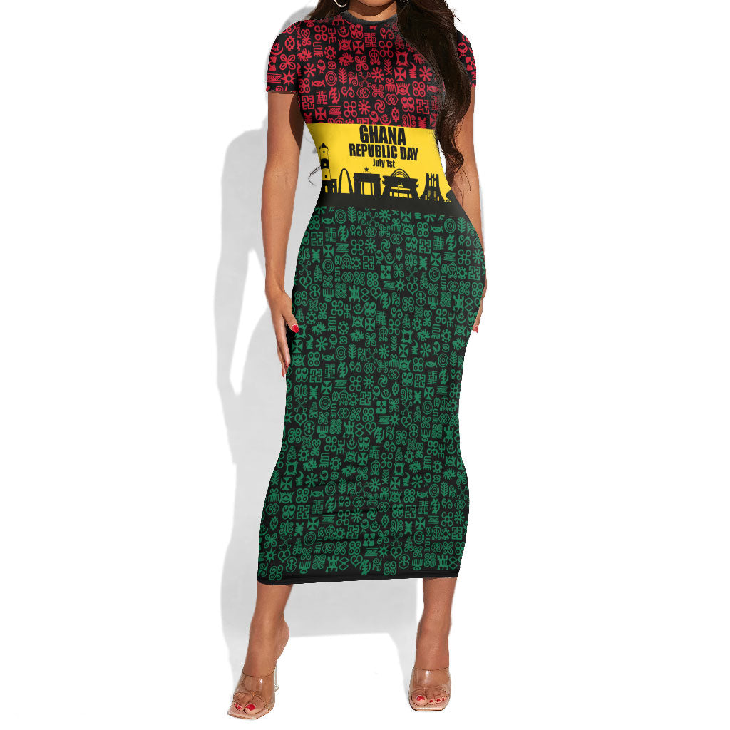 Personalized Ghana Republic Day Short Sleeve Bodycon Dress Adinkra Pattern Heritage Silhouette African Culture Art