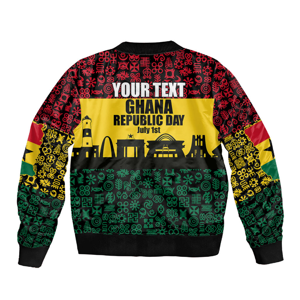 Personalized Ghana Republic Day Sleeve Zip Bomber Jacket Adinkra Pattern Heritage Silhouette African Culture Art