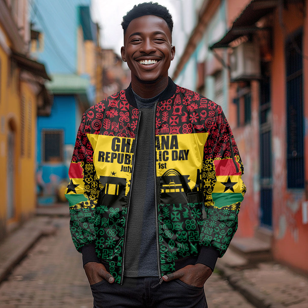 Personalized Ghana Republic Day Sleeve Zip Bomber Jacket Adinkra Pattern Heritage Silhouette African Culture Art