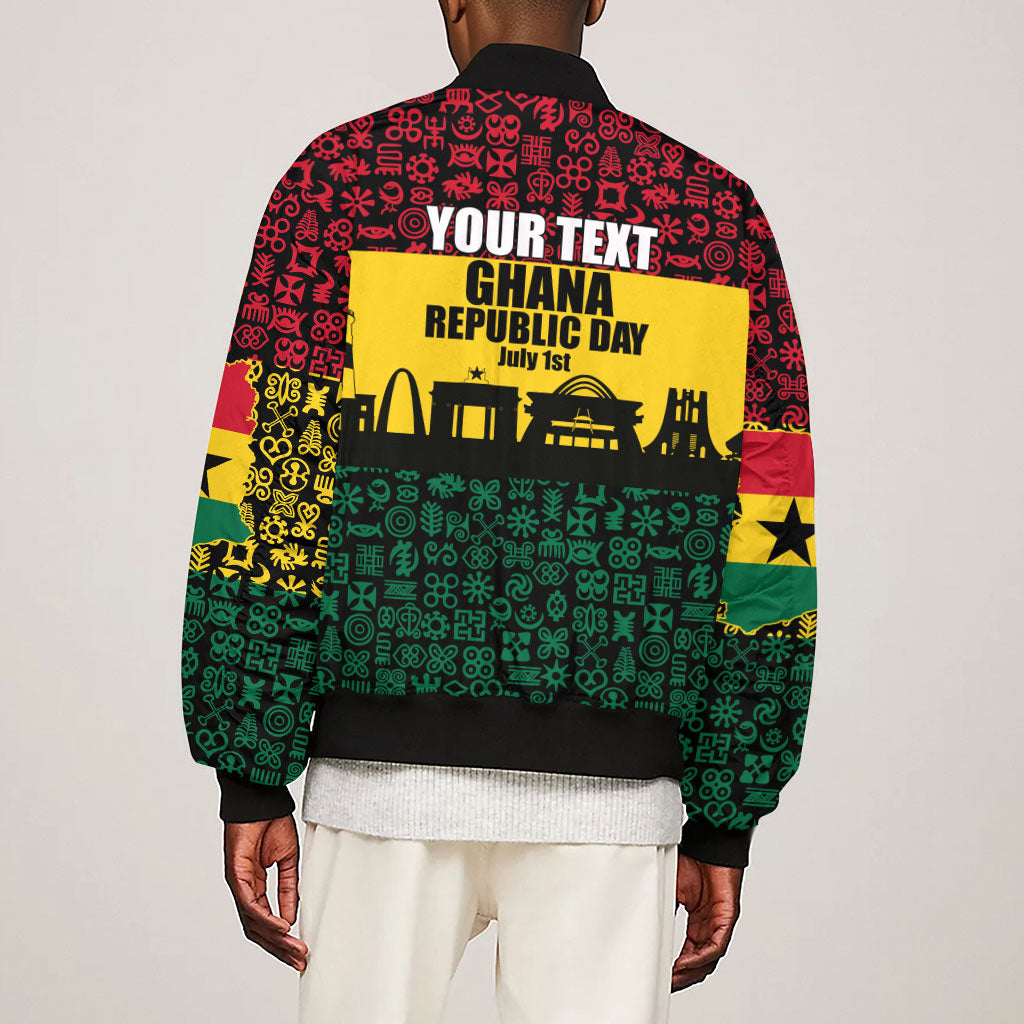 Personalized Ghana Republic Day Sleeve Zip Bomber Jacket Adinkra Pattern Heritage Silhouette African Culture Art