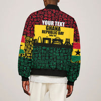Personalized Ghana Republic Day Sleeve Zip Bomber Jacket Adinkra Pattern Heritage Silhouette African Culture Art