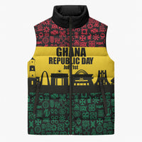 Personalized Ghana Republic Day Sleeveless Puffer Jacket Adinkra Pattern Heritage Silhouette African Culture Art