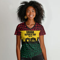 Personalized Ghana Republic Day Women V-Neck T-Shirt Adinkra Pattern Heritage Silhouette African Culture Art