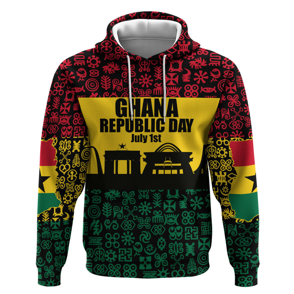 Personalized Ghana Republic Day Zip Hoodie Adinkra Pattern Heritage Silhouette African Culture Art