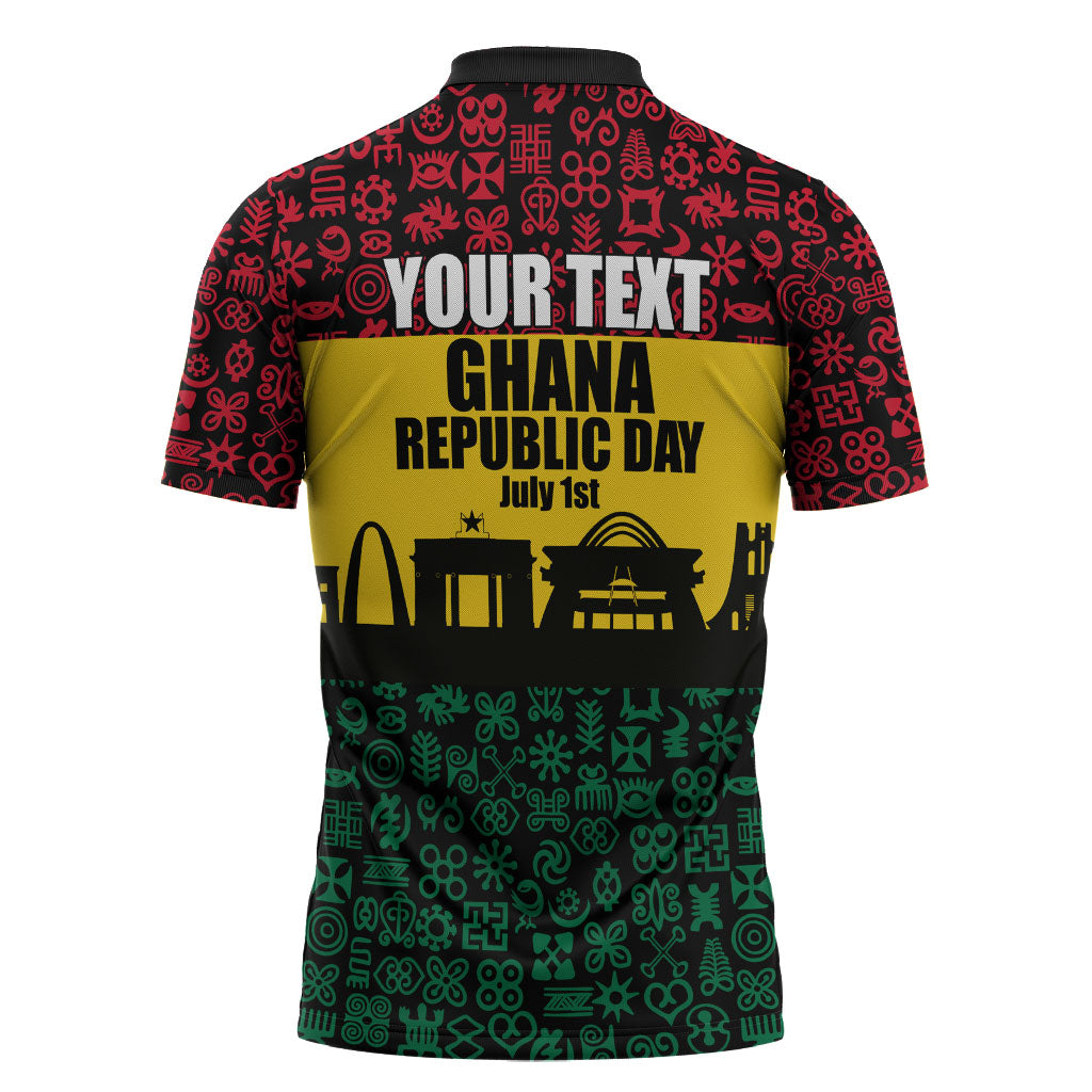 Personalized Ghana Republic Day Zipper Polo Shirt Adinkra Pattern Heritage Silhouette African Culture Art