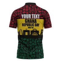 Personalized Ghana Republic Day Zipper Polo Shirt Adinkra Pattern Heritage Silhouette African Culture Art