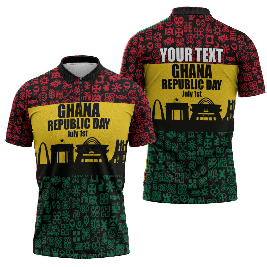 Personalized Ghana Republic Day Zipper Polo Shirt Adinkra Pattern Heritage Silhouette African Culture Art