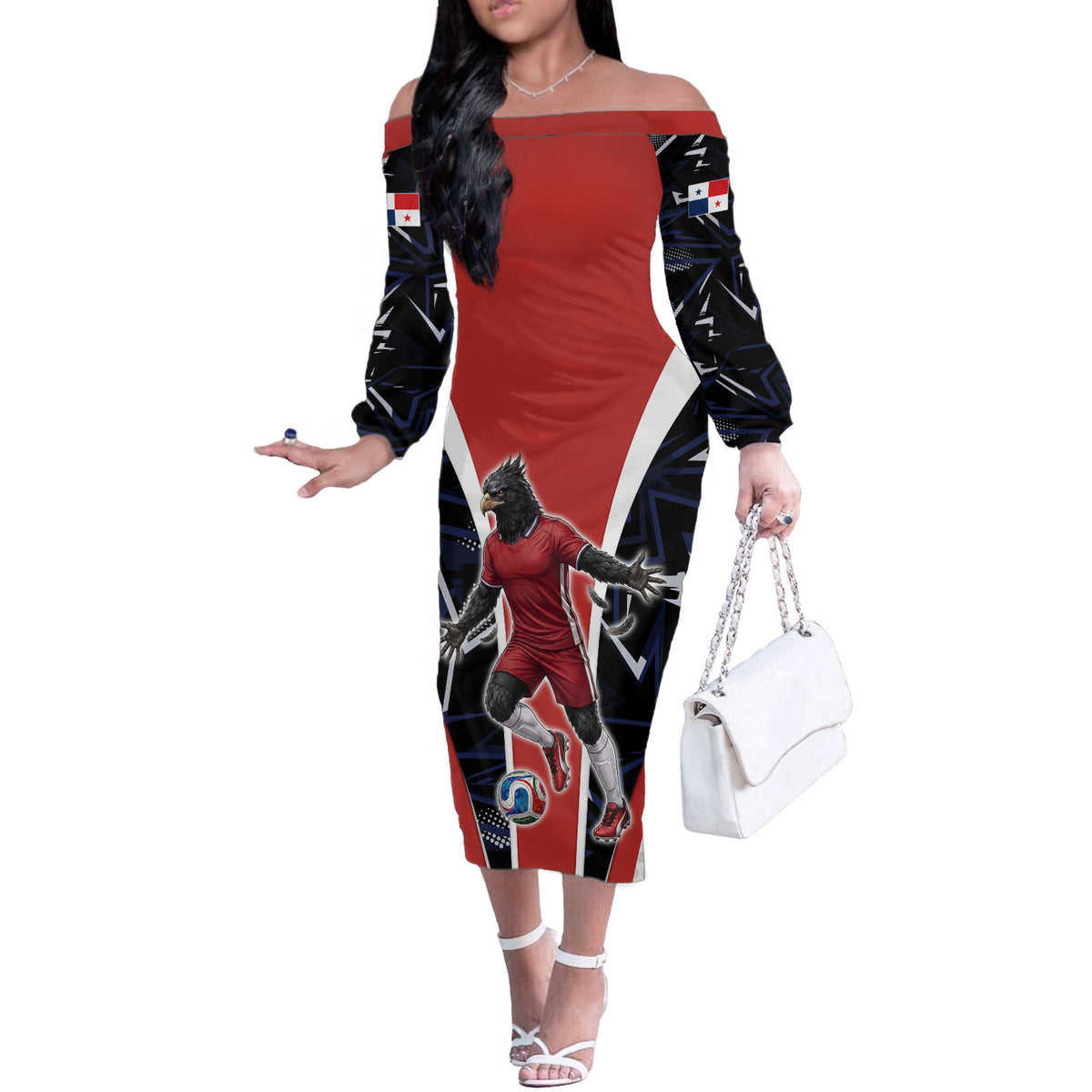 Personalized Panama Soccer Harpy Eagle Off The Shoulder Long Sleeve Dress Los Canaleros Football Mascot Fan