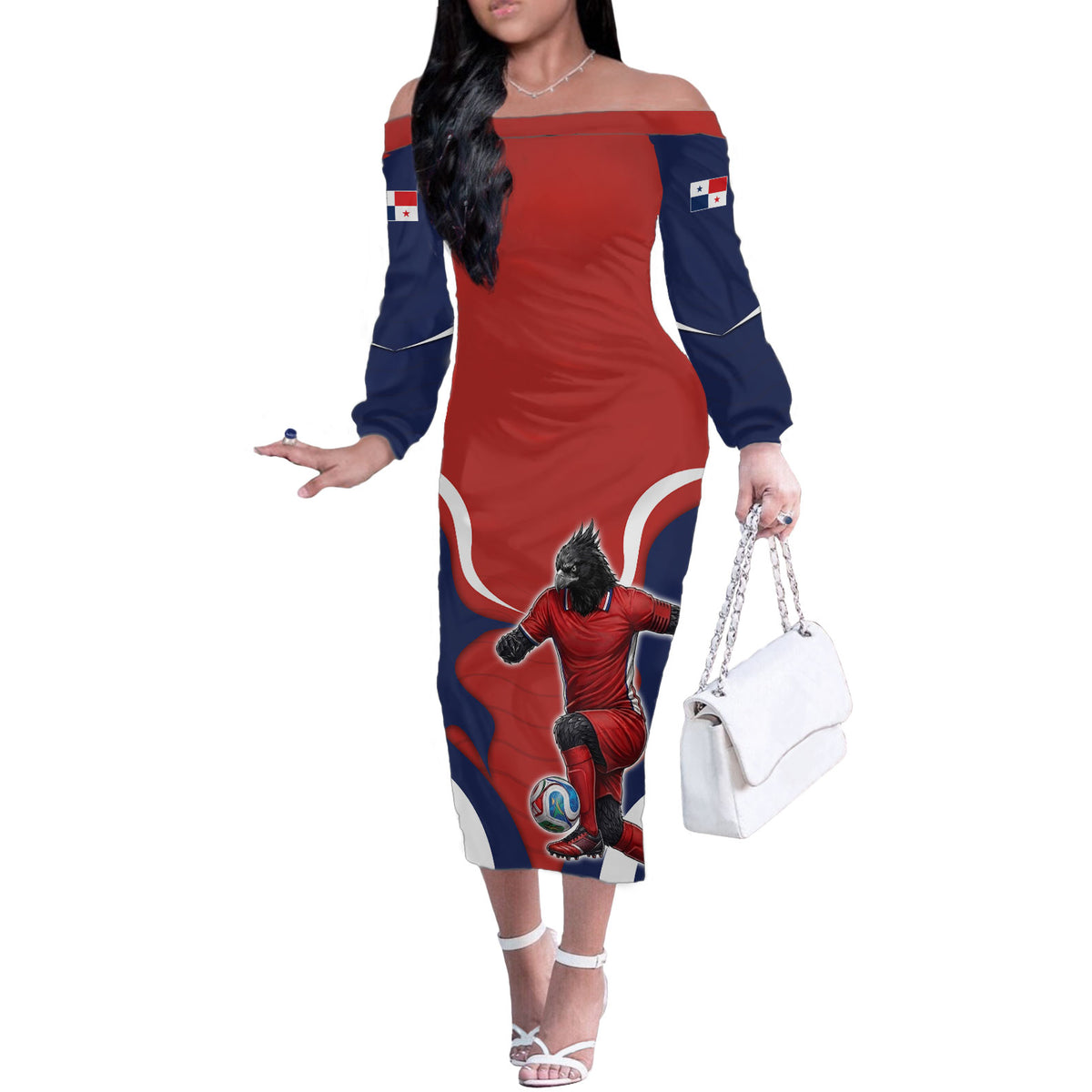 Personalized Panama Soccer Los Canaleros Off The Shoulder Long Sleeve Dress Football Harpy Eagle Mascot