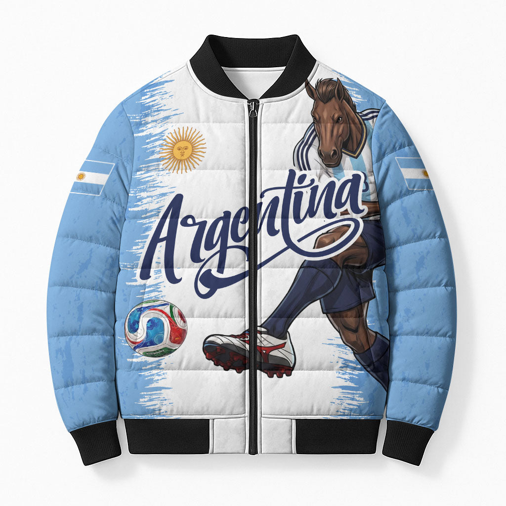 Personalized Argentina Football La Seleccion Bomber Puffer Jacket Argentinian Horse Soccer Mascot Patriotic Grunge