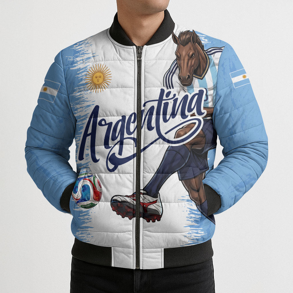 Personalized Argentina Football La Seleccion Bomber Puffer Jacket Argentinian Horse Soccer Mascot Patriotic Grunge