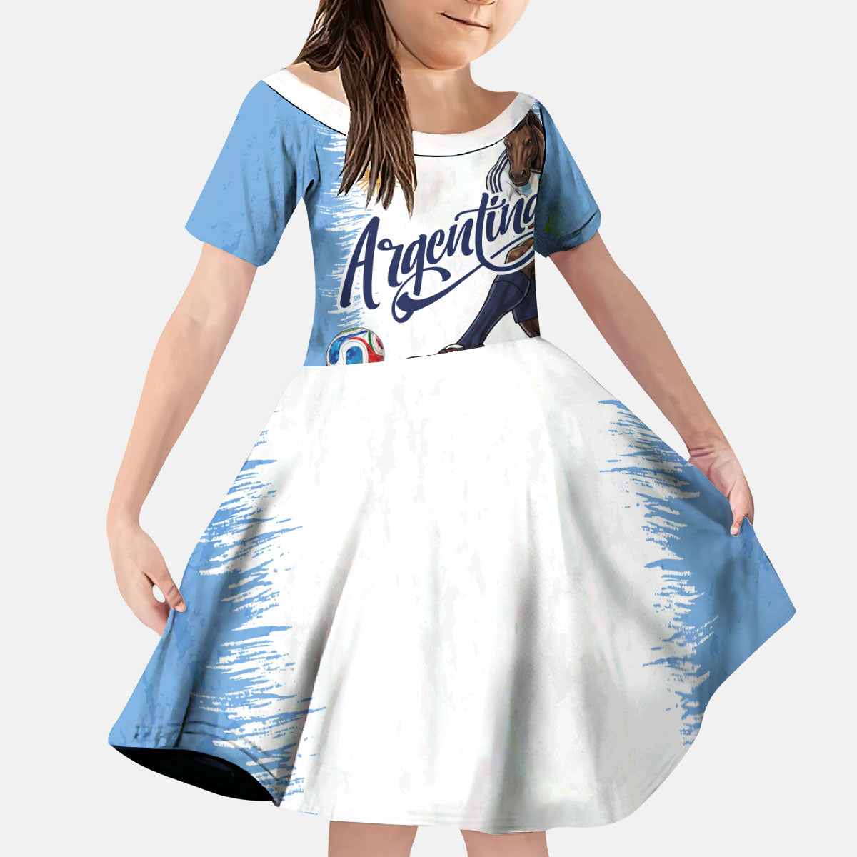 Personalized Argentina Football La Seleccion Kid Short Sleeve Dress Argentinian Horse Soccer Mascot Patriotic Grunge